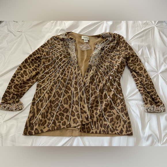 Nieman Marcus Sweaters - Nieman Marcus Vintage Pearl & Rhinestone Leopard Print Cardigan